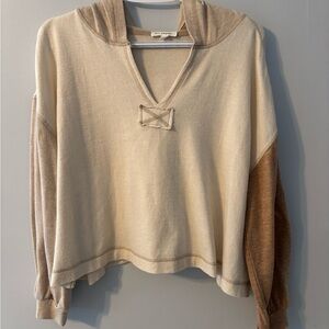 Blu Pepper Cream and Beige Colour-block Hooded Pullover Sweatshirt - Size M